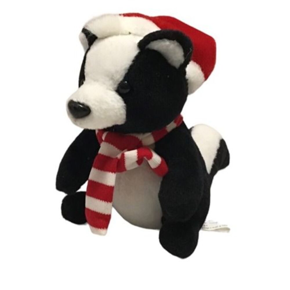 Kurt Adler Skunk Plush Ornament Red Hat Candy Striped Scarf Holiday Christmas 5"